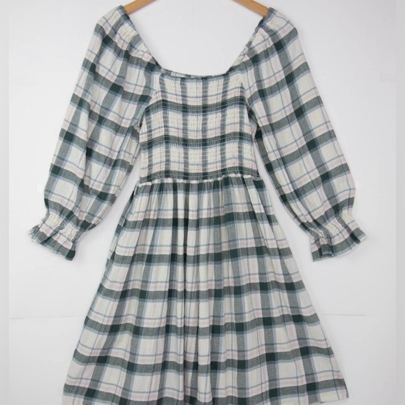 NEW Madewell Lucie Elbow-Sleeve Smocked Mini Dress in Lebaum Plaid, L - Picture 3 of 6
